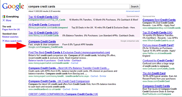 Compare credit cards on Google