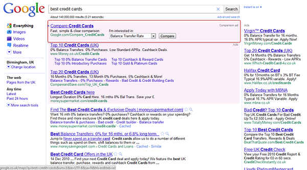 Google "best credit cards" search