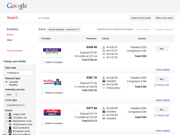 Google car insurance comparison results