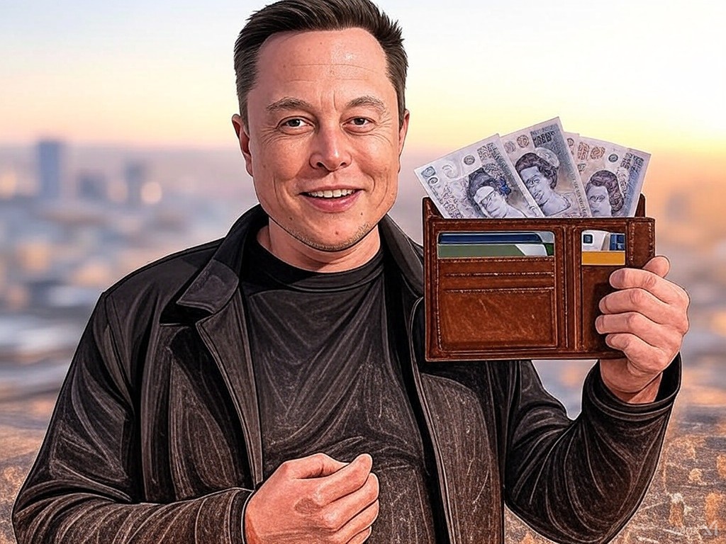 A cartoon of Elon Musk holding a big wallet full of pound notes