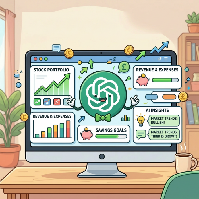 Finance dashboard showing stock portfolio growth, revenue and expenses charts, savings goals, and AI market trend insights
