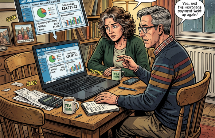 Sarah and Mark review online banking balances, bills, and mortgage costs at home.